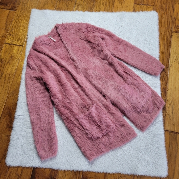 Free People Cozy Faux Fur Teddy Cardigan Women's Small Oversized Rose Pink - Picture 3 of 9